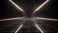 This 3D rendered scene shows an empty, darkened room with a floor covered in reflective tiles and lit up Royalty Free Stock Photo