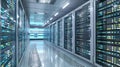 3D rendered server room data center with multiple rows of computer racks, cables, and network equipment in a secure environment Royalty Free Stock Photo