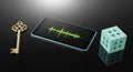 Smartphone with green sound waveform display and golden key on black surface with geometric cube rendering Royalty Free Stock Photo