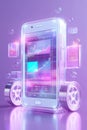 Futuristic smartphone with 3D stock trading interface and wheels Royalty Free Stock Photo
