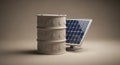 A 3D rendered solar panel and a cylindrical object with water droplets on a beige background, showcasing clean energy and Royalty Free Stock Photo