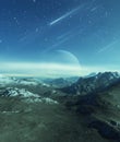 3d rendered Space Art: Alien Planet - A Fantasy frozen landscape with planets and blue skies Royalty Free Stock Photo