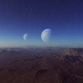 3d rendered Space Art: Alien Planet - A Fantasy Landscape with blue skies and stars Royalty Free Stock Photo