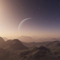 3d rendered Space Art: Alien Planet - A Fantasy Landscape with blue skies and stars Royalty Free Stock Photo