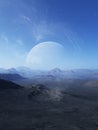 3d rendered Space Art: Alien Planet - A Fantasy Landscape with blue skies and stars Royalty Free Stock Photo