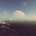 3d rendered Space Art: Alien Planet - A Fantasy Landscape with blue skies and stars Royalty Free Stock Photo