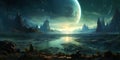 3d rendered Space Art: Alien Planet - A Fantasy Landscape with blue skies and stars Royalty Free Stock Photo