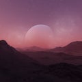 3d rendered Space Art: Alien Planet - A Fantasy Landscape with red skies and stars Royalty Free Stock Photo