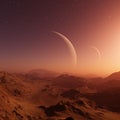 3d rendered Space Art: Alien Planet - A Fantasy Landscape with red skies and stars Royalty Free Stock Photo