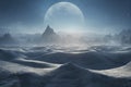 3d rendered Space Art: Alien Planet - A frozen Fantasy Landscape with blue skies and stars. Concept Art