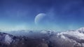 3d rendered Space Art: Frozen Alien Planet - A Fantasy Landscape with blue skies and clouds Royalty Free Stock Photo