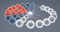 A 3D rendered spherical structure with interconnected orange and blue spheres representing a network concept on a light grey Royalty Free Stock Photo