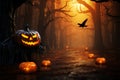 3D rendered spooky forest scene, Halloween pumpkins in eerie orange ambiance Royalty Free Stock Photo