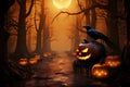 3D rendered spooky forest scene, Halloween pumpkins in eerie orange ambiance Royalty Free Stock Photo