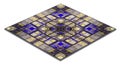 3D rendered square computer chip with intricate geometric pattern of interconnected blue and gold squares and rectangles forming Royalty Free Stock Photo