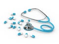 3d rendered stethoscope with pills isolated over white