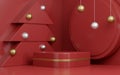 3d rendered studio mock up christmas background for product presentation, with christmas tree, snow man and decoration. red