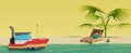 3d rendered summer background with a cute little boat near the shore. Copy space