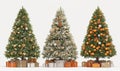 3d rendered three christmas trees decorated with different colored ornaments. Royalty Free Stock Photo