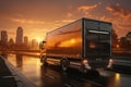 3D rendered truck Rear view, sunrise cityscape backdrop, signifies swift delivery logistics