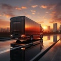 3D rendered truck Rear view, sunrise cityscape backdrop, signifies swift delivery logistics