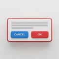 3D Rendered UI Dialog Box with Cancel and OK Buttons user interface pop-up Royalty Free Stock Photo
