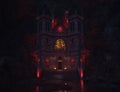 3D rendered underground dark castle at night with red lights Royalty Free Stock Photo