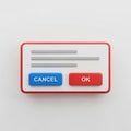 3D Rendered User Interface Dialog Box with Cancel and OK Buttons on a White Background Keywords: user interface, UI, dialog box, Royalty Free Stock Photo