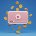 3D Rendered Video Player Icon with Falling Gold Coins on Blue Background button Royalty Free Stock Photo