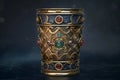 3d rendered vintage silver cup embellished with emeralds and rubies on deep blue background Royalty Free Stock Photo