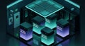 Futuristic 3D rendered server room with multiple servers arranged in grid pattern featuring blue and green lighting effects Royalty Free Stock Photo