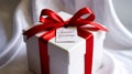 3D rendered white gift box, bright red satin ribbon, realistic lighting Royalty Free Stock Photo
