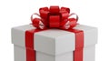 3D rendered white gift box, bright red satin ribbon, realistic lighting Royalty Free Stock Photo