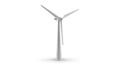 A 3D rendered wind turbine with three white blades pointing upwards against a plain white background, clean isolated vector Royalty Free Stock Photo
