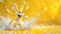 A 3D-rendered yellow bunny in an energetic splash of milk on yellow.