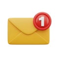 A 3d rendered yellow envelope with a red notification badge displaying the number one isolated on white background Royalty Free Stock Photo