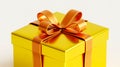 3D rendered yellow gift box, glossy finish, large orange satin bow Royalty Free Stock Photo
