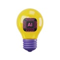 3D Rendered Yellow Light Bulb with AI Chip Icon and Purple Base on White Background Royalty Free Stock Photo