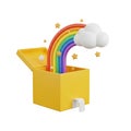 Yellow Open Box Releasing a Rainbow and Stars on White Background yellow box Royalty Free Stock Photo