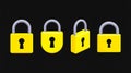 3D rendered yellow padlocks, four aligned horizontally, black background Royalty Free Stock Photo