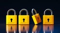 3D rendered yellow padlocks, four aligned horizontally, black background Royalty Free Stock Photo