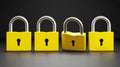 3D rendered yellow padlocks, four aligned horizontally, black background Royalty Free Stock Photo