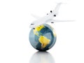 3d renderer illustration. airplane and world globe. travel concept