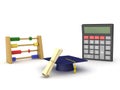 3D Rendering of abacus, calculator and graduation hat with diploma