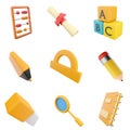 3d rendering abacus, diploma, A B C blocks, marker, protractor, pencil, eraser, magnifier and notebook icon set. 3d