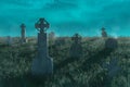 3d rendering of abandoned graveyard full with old tombstones at night Royalty Free Stock Photo