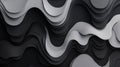 A 3D rendering of abstract art featuring a series of overlapping, curved shapes in shades of gray and black.