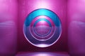 3D rendering abstract art sci-fi background. Metallic interior of a spaceship, round corridor. Light purple, blue neon. Modern Royalty Free Stock Photo