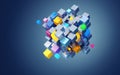 3D rendering abstract block of color cubes, on blue background. File contains a path to isolation.
