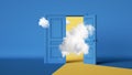 3d rendering, abstract blue background with opening double doors, yellow light and white clouds. Modern minimal wallpaper